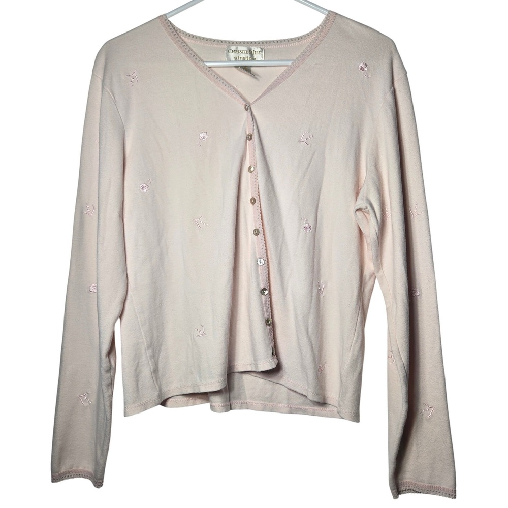 Christie & Jill Pink Floral Embroidered Button Cardigan Large Lace Coquette Soft